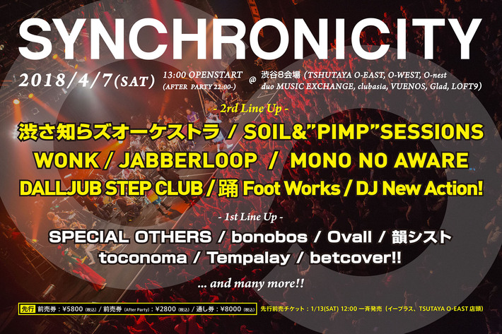 4/7開催の"SYNCHRONICITY '18"第2弾ラインナップにSOIL&"PIMP"SESSIONS、渋さ知らズオーケストラ、MONO NO AWAREら8組決定。"New Action!"一夜限り復活も