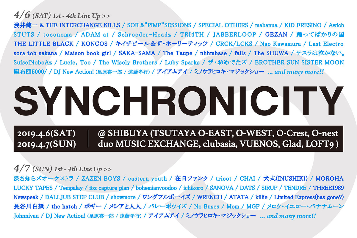 4 6 7渋谷にて開催 Synchronicity 19 第4弾ラインナップに浅井健一 The Interchange Kills Moroha ブクガ The Little Blackら28組決定