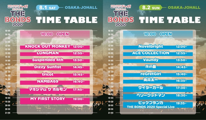 8/1-2⼤阪城ホールで開催のライヴ・イベント"THE BONDS 2020"、タイムテーブル発表。⼤トリはビッケブランカに