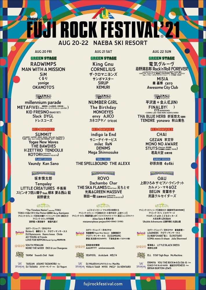 "FUJI ROCK FESTIVAL'21"、最終ラインナップ＆タイムテーブル発表