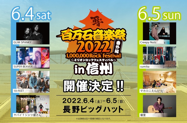 "百万石音楽祭2022～ミリオンロックフェスティバル～番外編 in 信州"、長野ビッグハットにて開催決定。ビーバー、ヤバT、sumika、Creepy Nuts、マカえんなど出演アーティスト発表