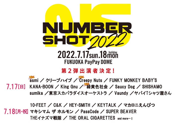 "NUMBER SHOT 2022"、第2弾アーティストで緑黄色社会、Creepy Nuts、asmi発表