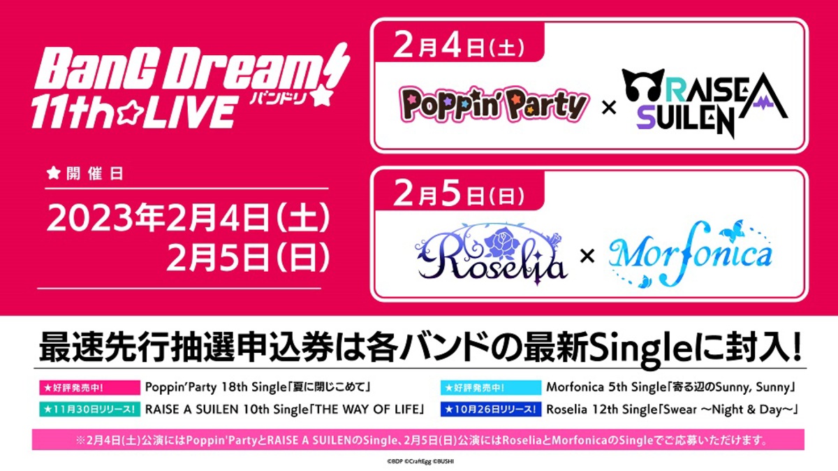 Poppin'Party×RAISE A SUILEN、Roselia×Morfonicaの初組み合わせ。BanG Dream!  11th☆LIVE来年2/4-5開催決定