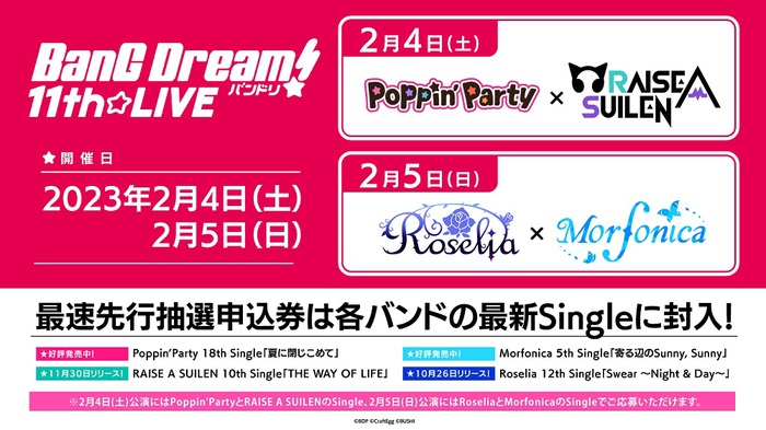 Poppin'Party×RAISE A SUILEN、Roselia×Morfonicaの初組み合わせ。"BanG Dream! 11th☆LIVE"来年2/4-5開催決定