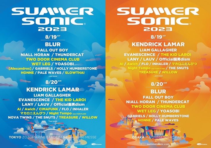 "SUMMER SONIC 2023"、第2弾アーティストでTWO DOOR CINEMA CLUB、WET LEG、[Alexandros]、 WILLOW、マカロニえんぴつ、THE KID LAROIら発表。日程別ラインナップも明らかに
