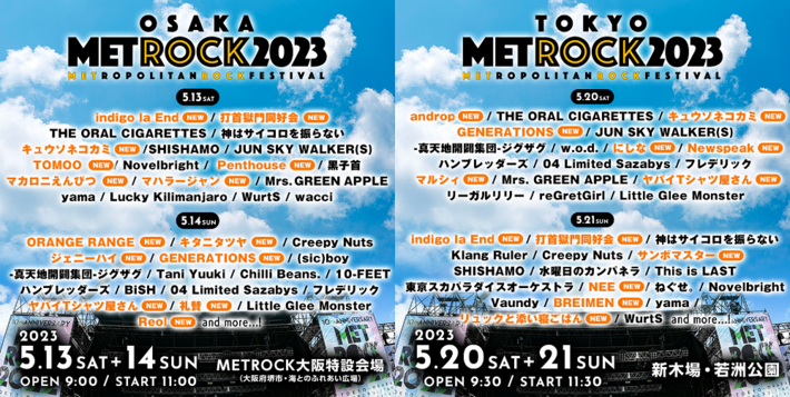 "METROCK2023"、第4弾出演アーティストでヤバT、マカえん、インディゴ、キュウソ、サンボマスター、androp、キタニタツヤ、ジェニーハイ、リュクソ、NEEら発表