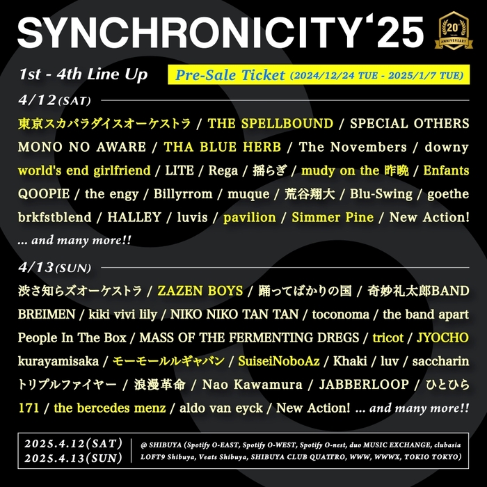 "SYNCHRONICITY'25"、第4弾ラインナップでスカパラ、tricot、スペルバ、ZAZEN BOYS、モールル、THA BLUE HERB、mudy on the 昨晩、JYOCHO等15組発表。日割りも公開