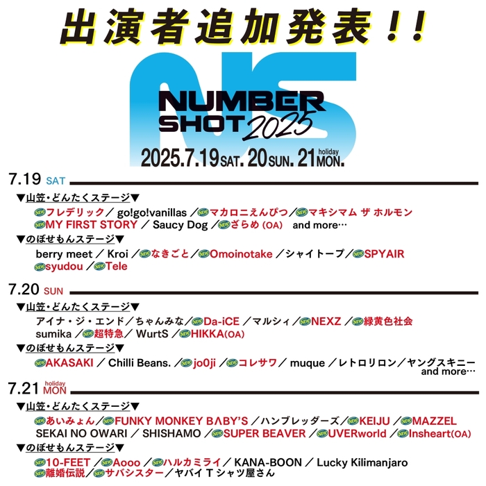 "NUMBER SHOT2025"、第2弾出演アーティストでSUPER BEAVER、UVER、マカえん、フレデリック、緑黄色社会、あいみょん、Omoinotake、Aooo、コレサワ等発表