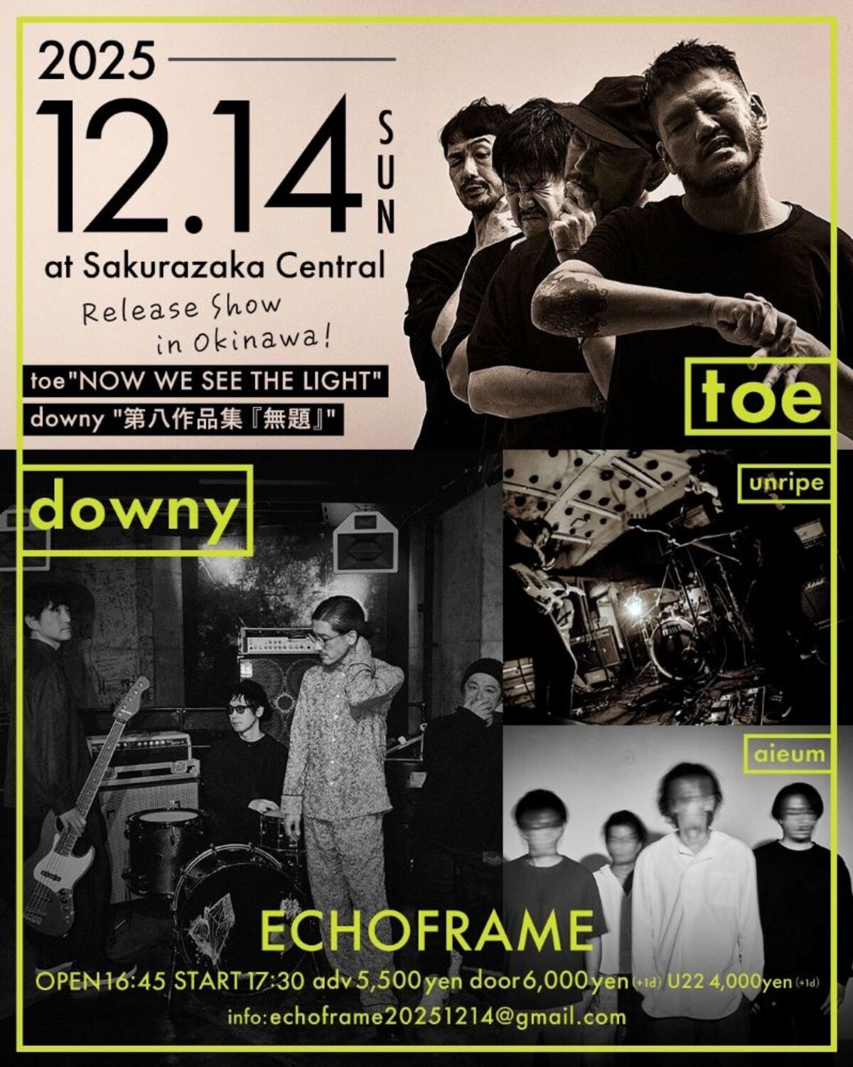 toe × downy、約10年ぶり沖縄での共演決定。12/14にunripe＆aieum共催