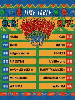 WANIMA主催フェス"1CHANCE FESTIVAL 2025"、タイムテーブル公開