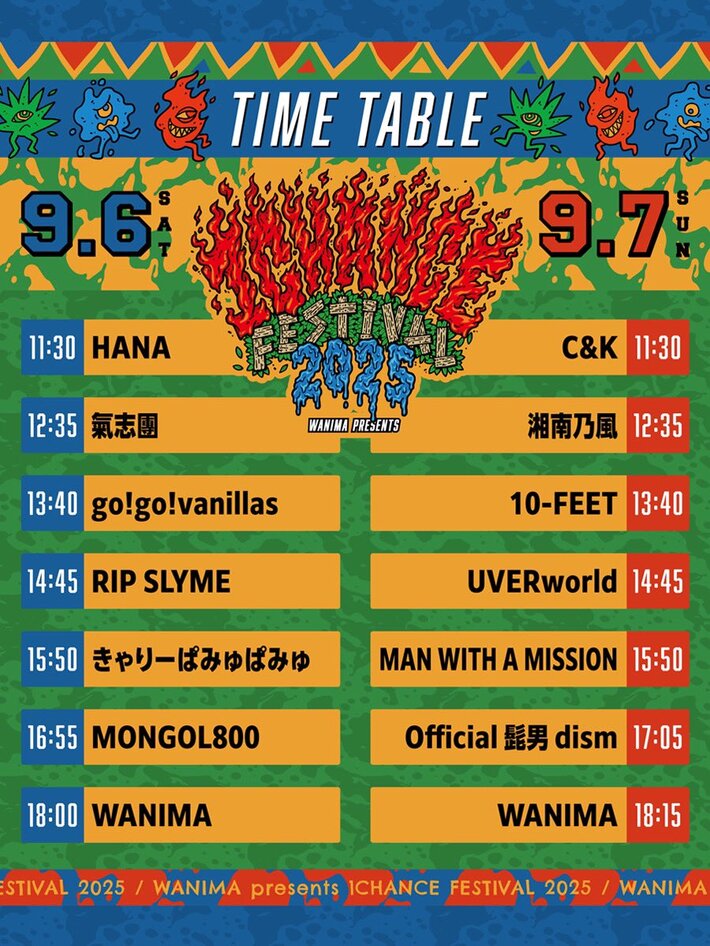 WANIMA主催フェス"1CHANCE FESTIVAL 2025"、タイムテーブル公開