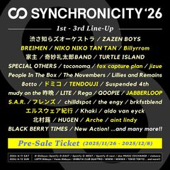 "SYNCHRONICITY'26"、第3弾ラインナップでTENDOUJI、fox capture plan、ドミコ、フレンズ、BREIMEN、jizue、S.A.R.、Arche、aint lindy等13組発表