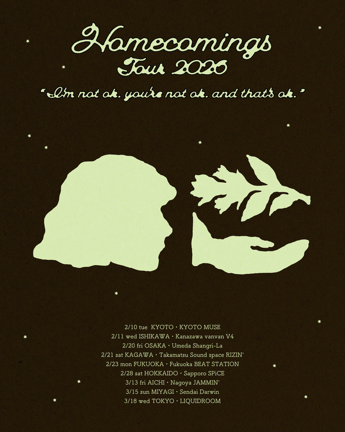 Homecomings、全国ツアー"I'm not ok. you're not ok. and that's ok."発表。福田穂那美（Ba/Cho）卒業後、新体制で来年2月より開催