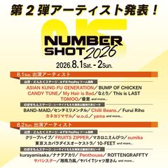 "NUMBER SHOT2026"、第2弾アーティストでアジカン、sumika、マイヘア、TOMOO、w.o.d.、yama、チリビ、カネヨリマサル、サバシスター等発表。出演日程も
