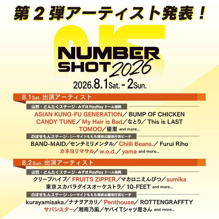 "NUMBER SHOT2026"、第2弾アーティストでアジカン、sumika、マイヘア、TOMOO、w.o.d.、yama、チリビ、カネヨリマサル、サバシスター等発表。出演日程も
